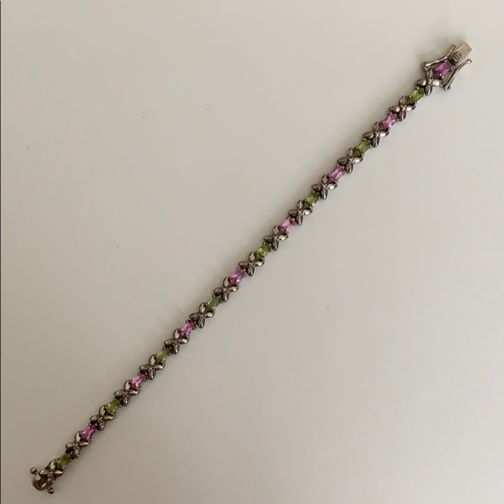 Pink & green stone sterling silver bracelet